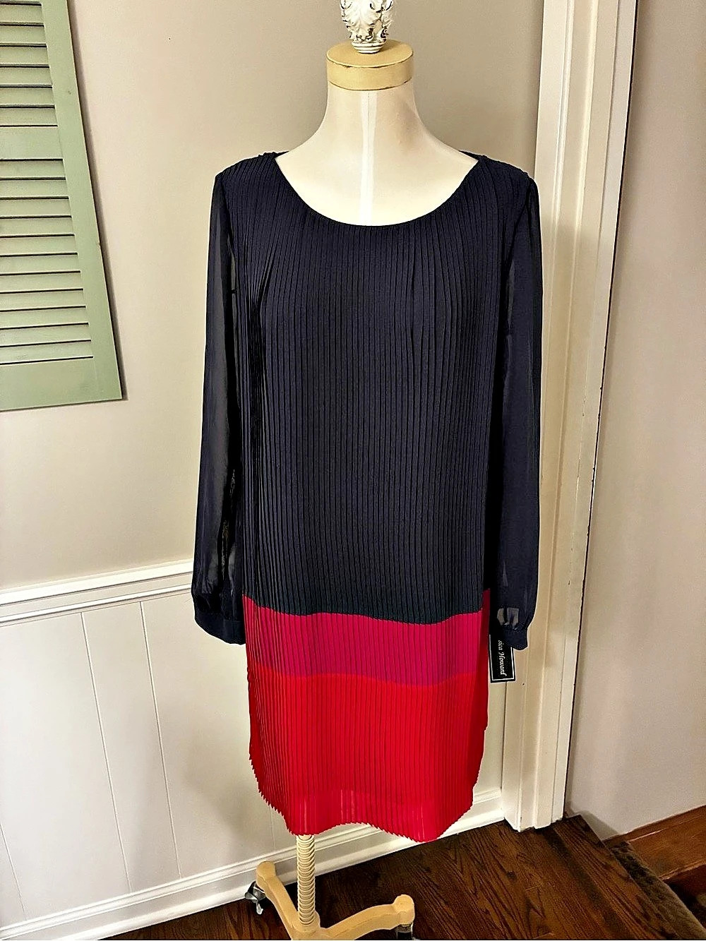 Jessica Howard Semi Formal Pleated Color BlockDress in Navy Pink And Red
